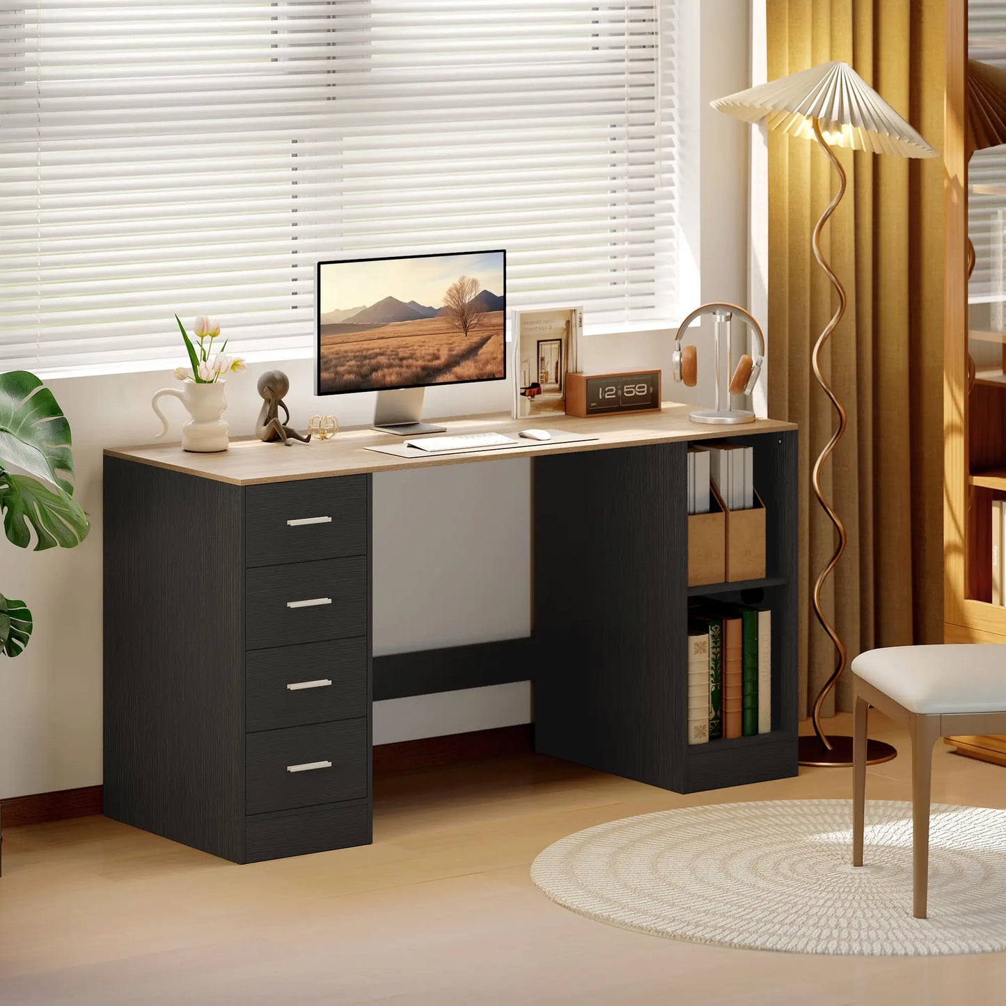 55 Inch Office Desk, Black Wood Grain, 4 Reversible Drawers, Mobile PC Stand, Black Computer Desks at Gallery Canada