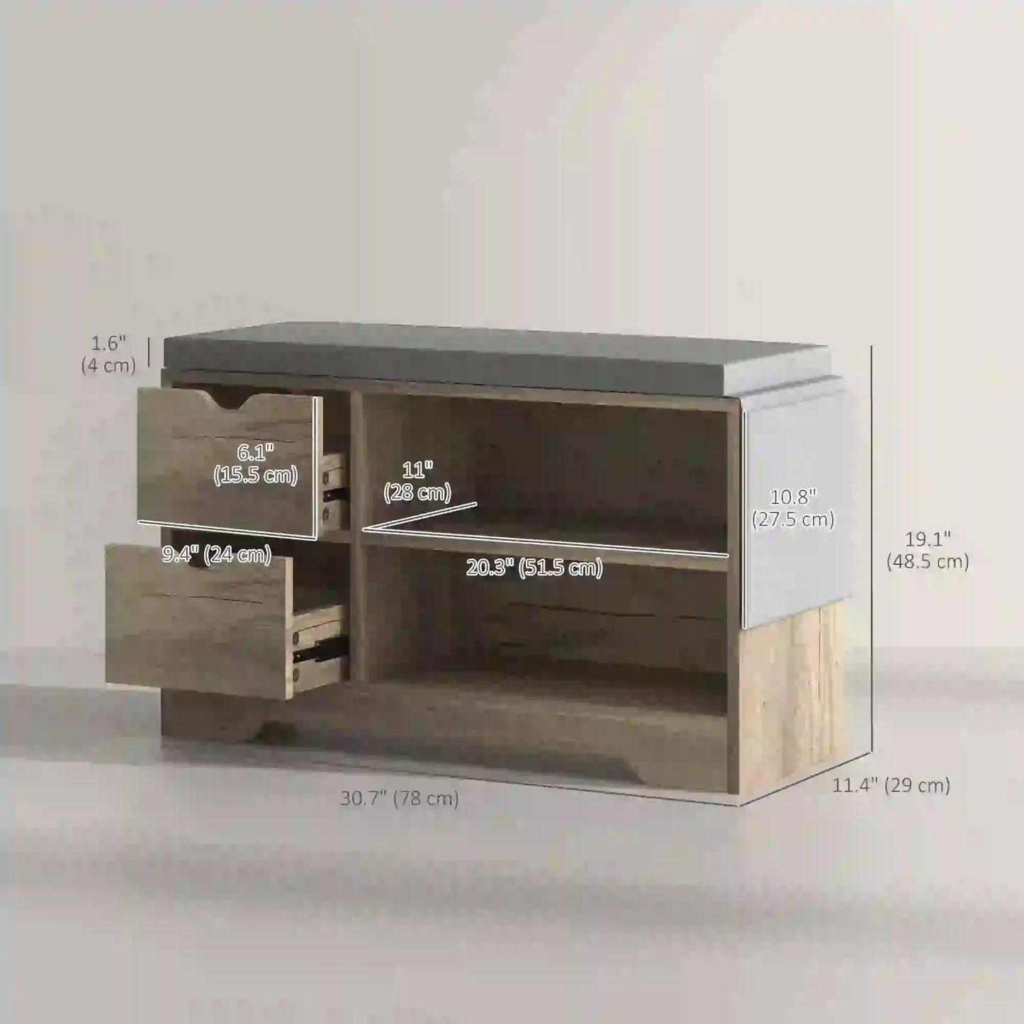Upholstered Shoe Storage Bench With Seat, Drawer, Open Shelves, Grey Shoe Storage Cabinets & Racks at Gallery Canada