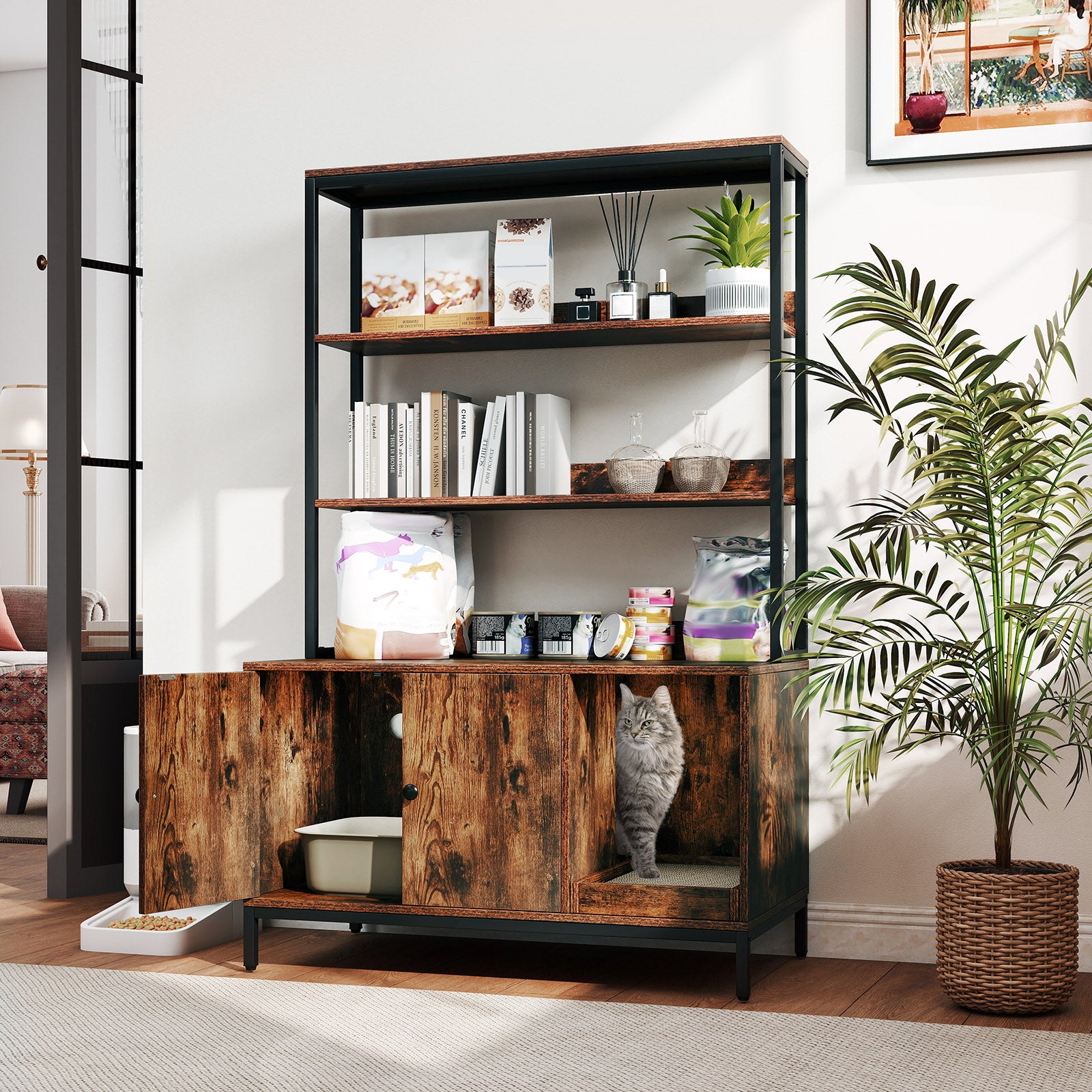 57 Inches Cat Litter Box Enclosure with Storage and Removable Scratcher, Coffee Cat Houses at Gallery Canada