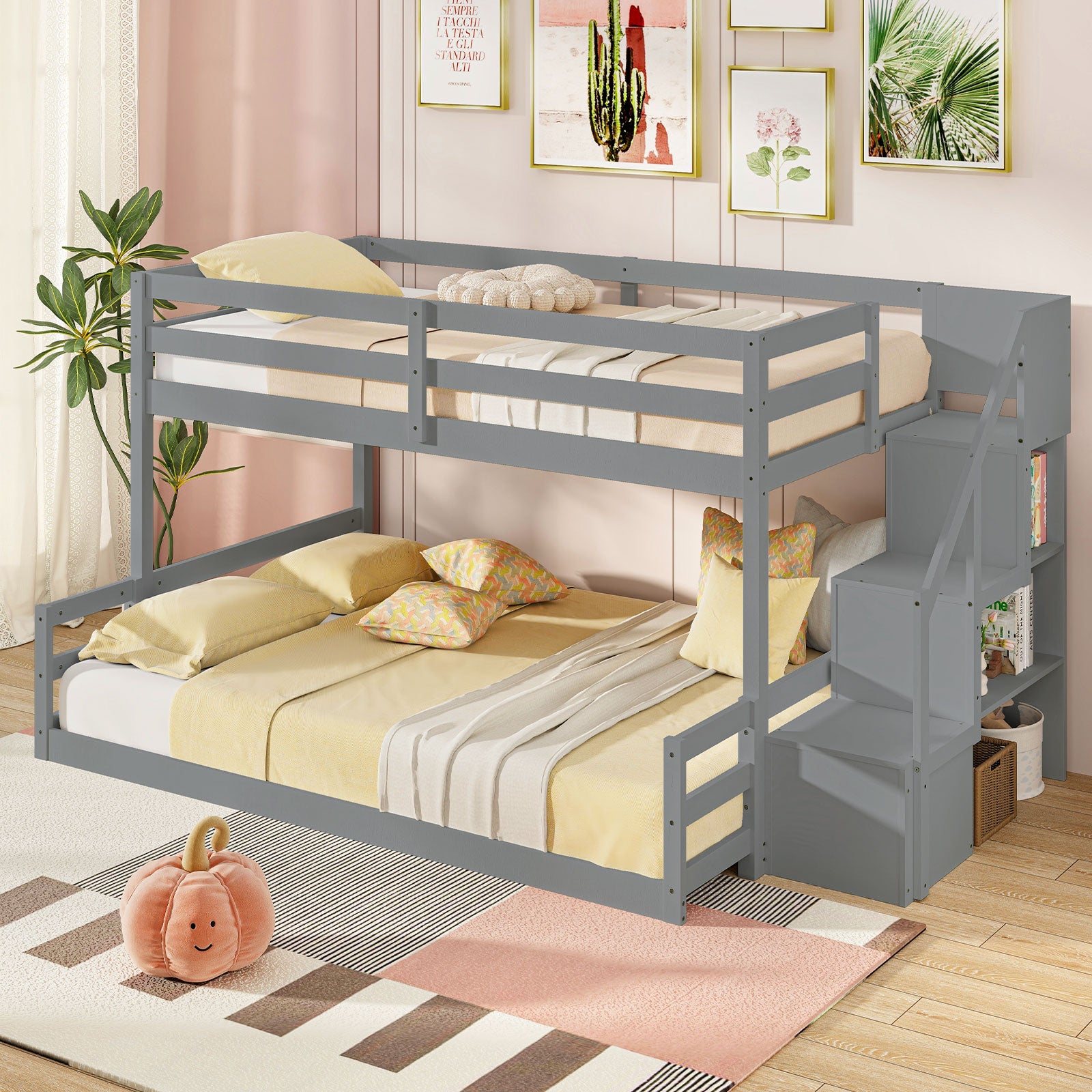 Solid Wood Twin Over Full Low Bunk Bed with Storage Stairs-Grey, Gray Bunk Bed Frame at Gallery Canada