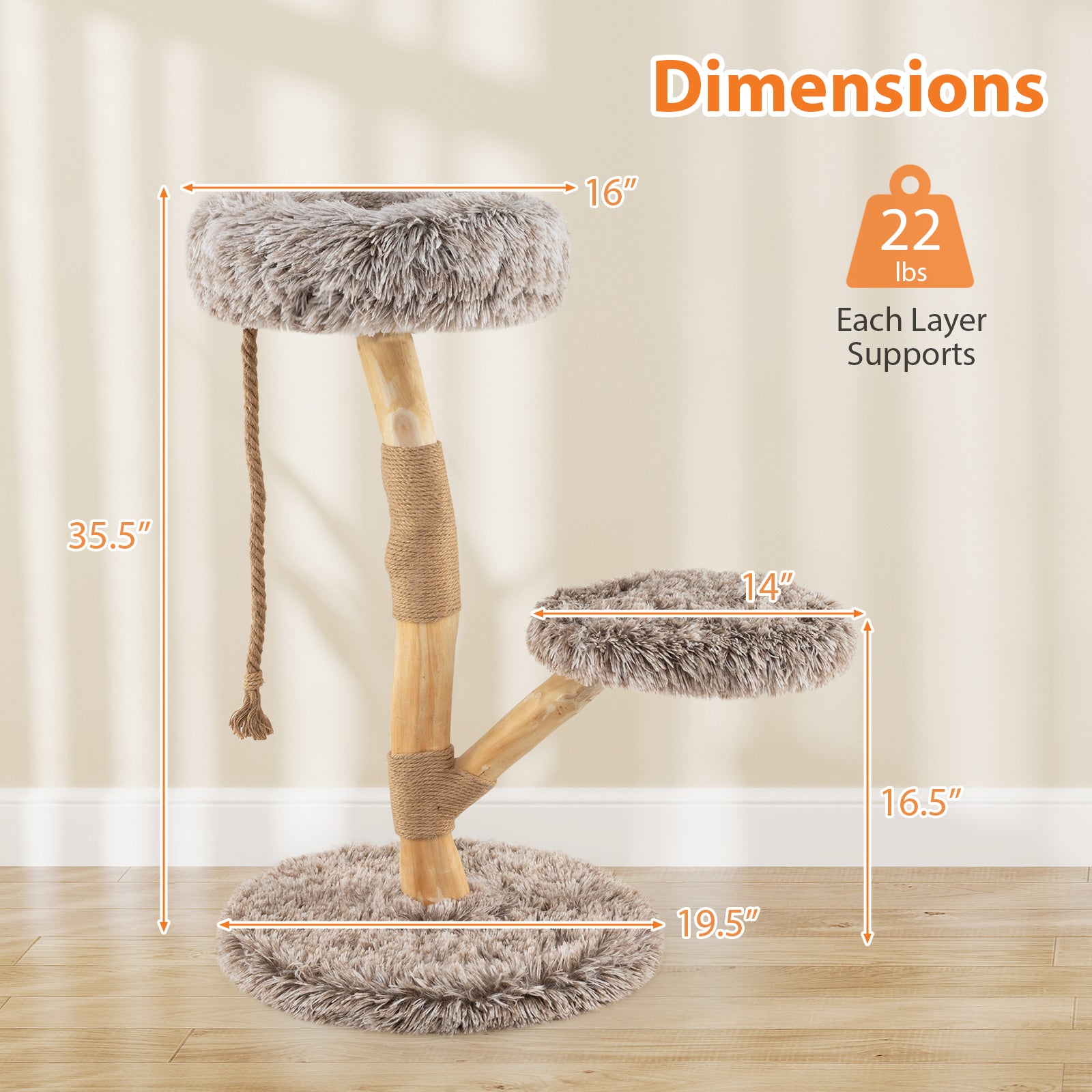 Modern Wooden Cat Tree Tower with Perch and Natural Jute Scratching Posts, Brown Cat Trees Condos & Scratchers at Gallery Canada