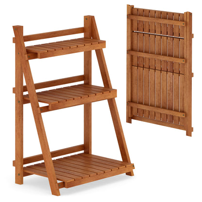 Foldable 3-Tier Solid Wood Plant Stand for Patio Balcony, Natural Plant Stands at Gallery Canada