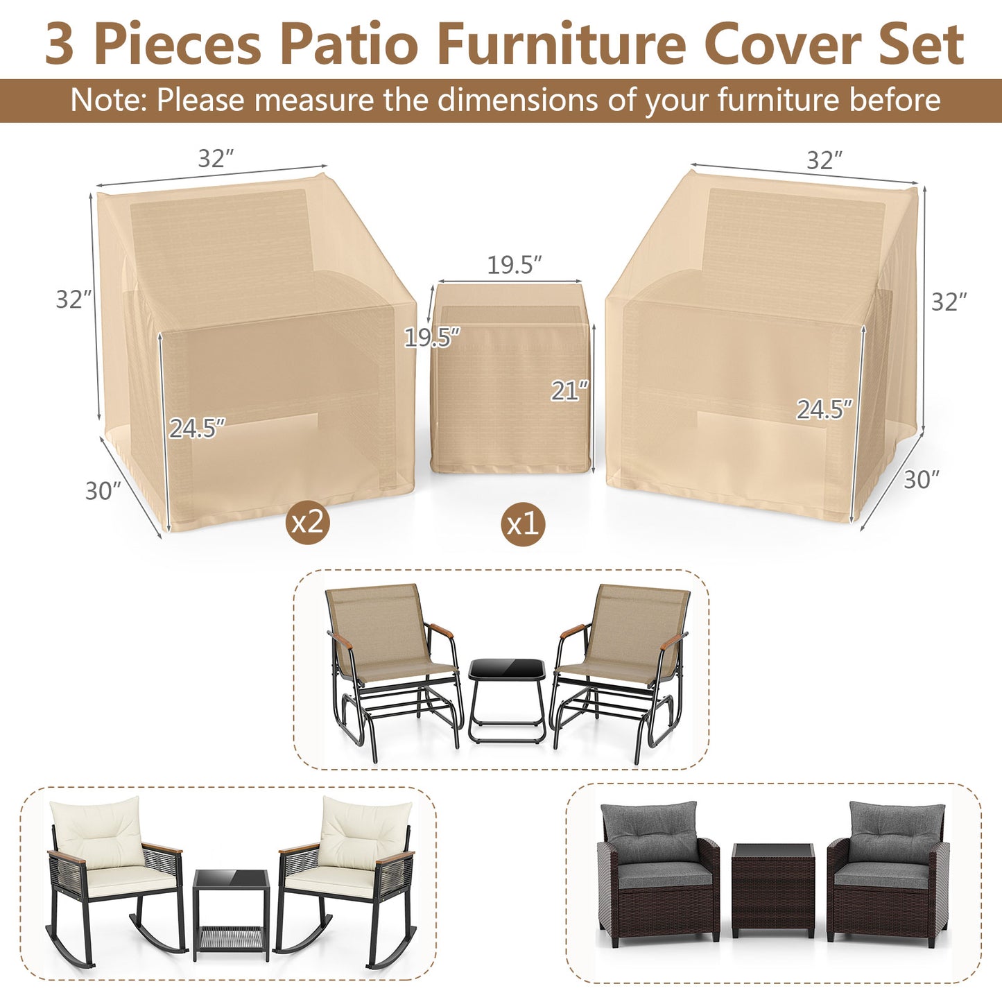 Patio Furniture Covers Waterproof Outdoor Conversation Covers for 3 Pieces Bistro Set, Beige Outdoor Furniture Accessories at Gallery Canada