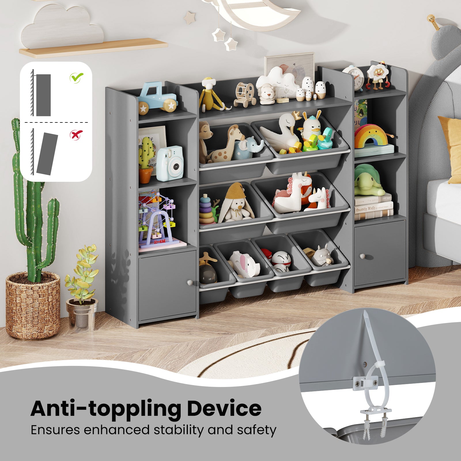 56 inch Large Toy Storage Organizer with 8 Removable Bins and Bookshelf, Gray Kids Storage at Gallery Canada