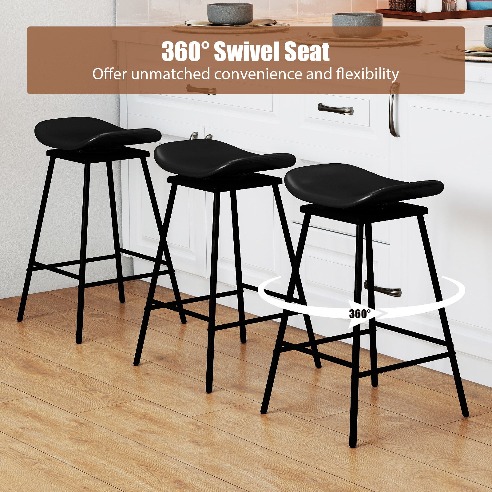 Set of 2 Swivel Barstools Faux Leather Upholstered Backless with Footrest, Black Bar Stools at Gallery Canada