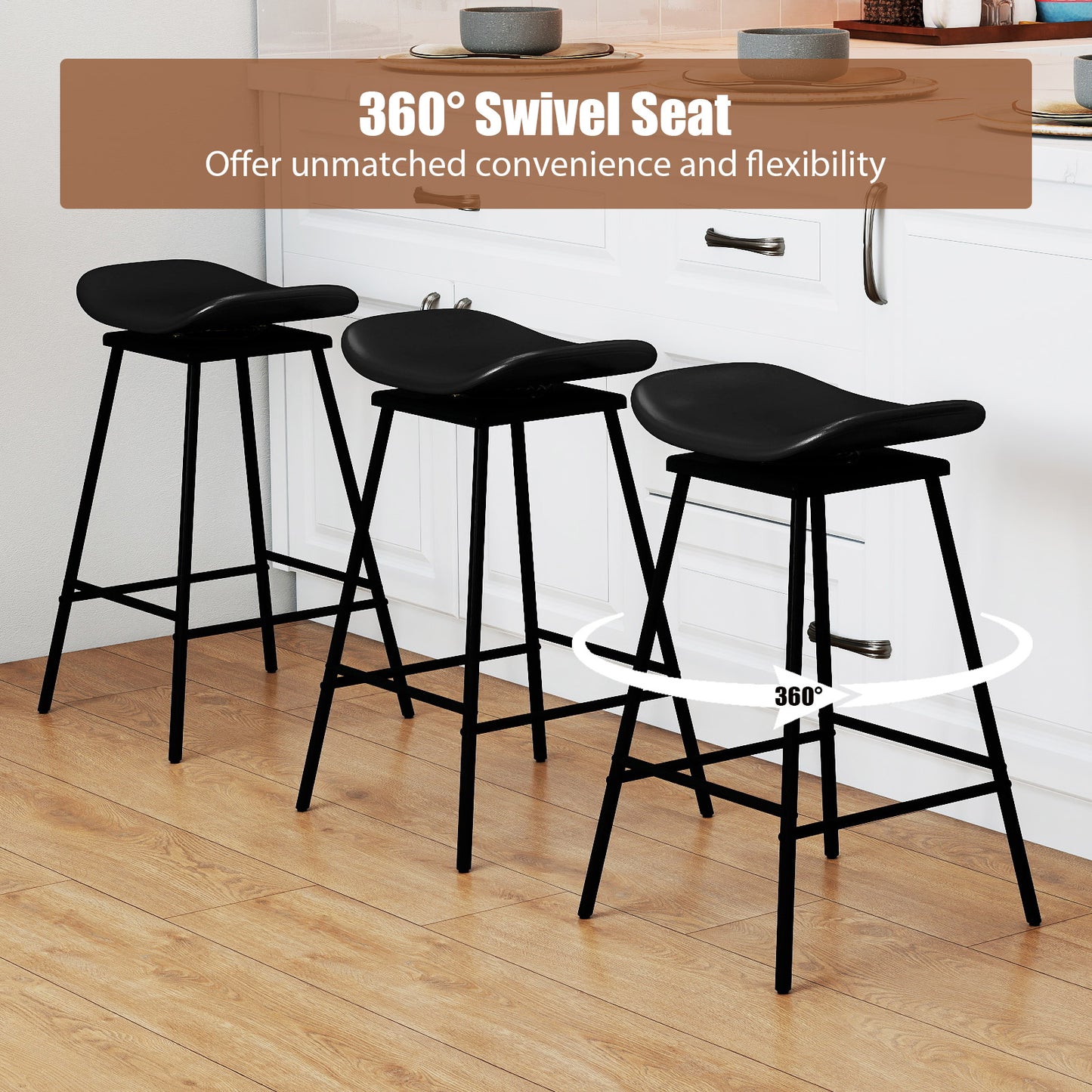 Set of 2 Swivel Barstools Faux Leather Upholstered Backless with Footrest, Black Bar Stools at Gallery Canada