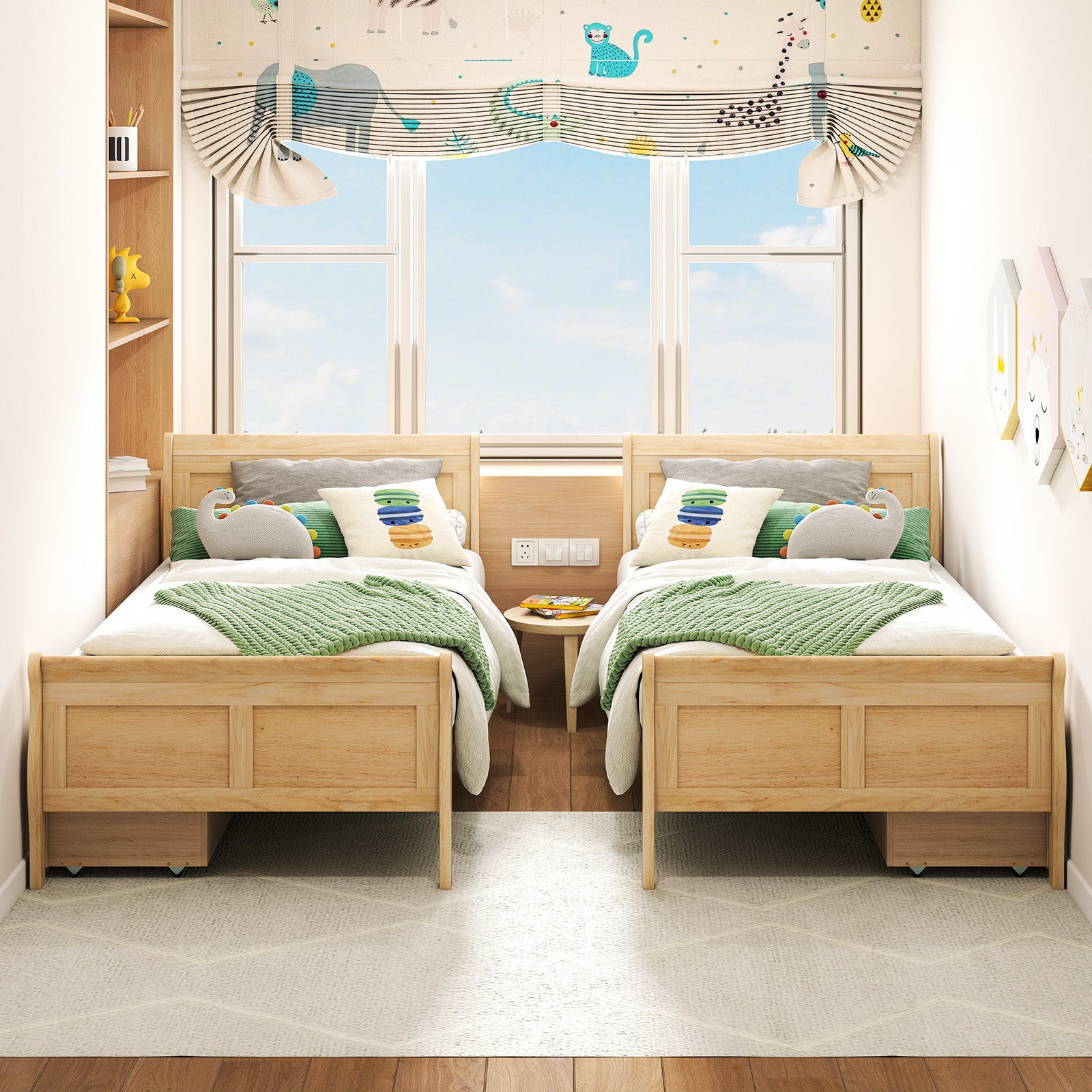 Twin Size Sleigh Bed with 2 Storage Drawers Wood Platform Bed Frame, Natural Simple Bed Frame at Gallery Canada