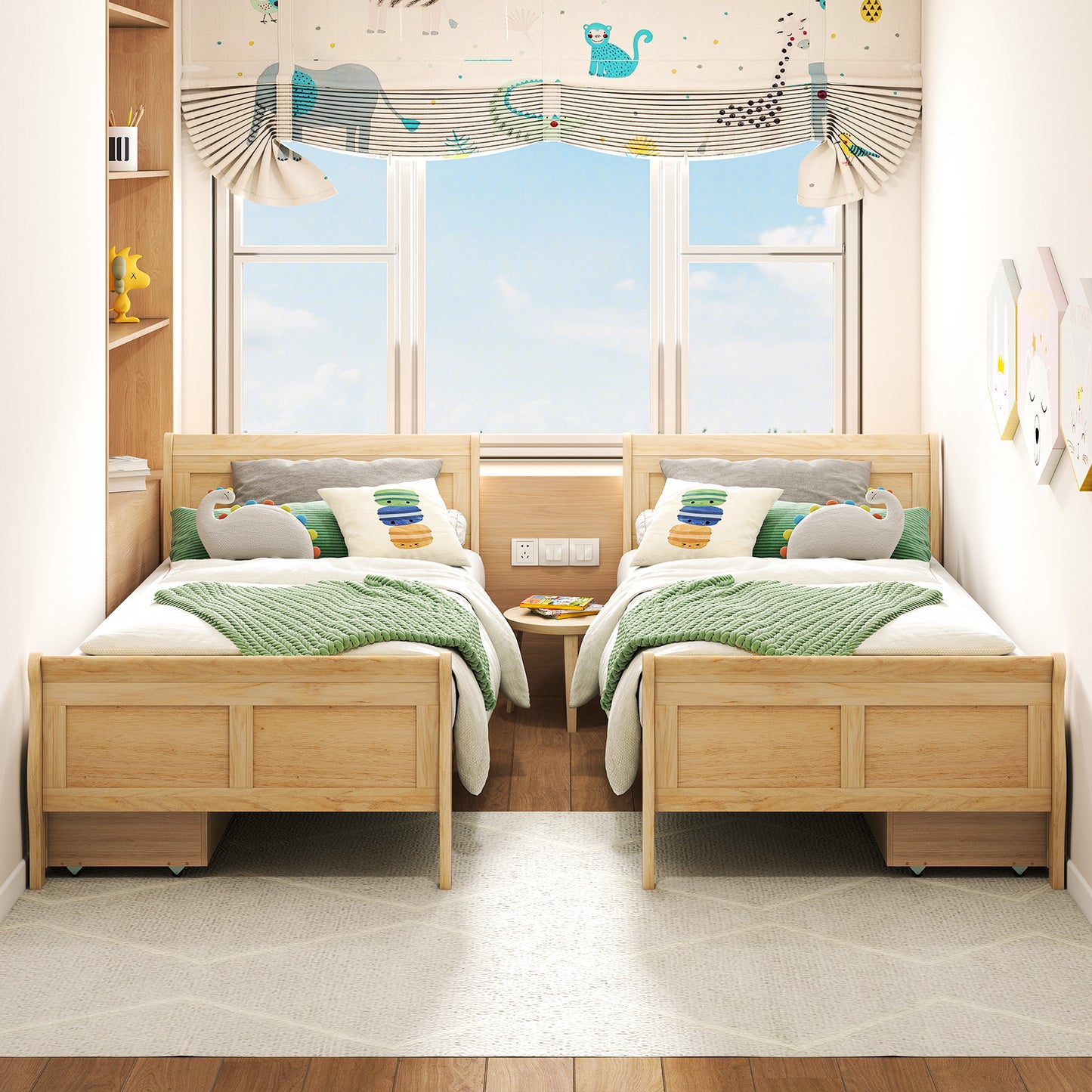 Twin Size Sleigh Bed with 2 Storage Drawers Wood Platform Bed Frame, Natural Simple Bed Frame at Gallery Canada