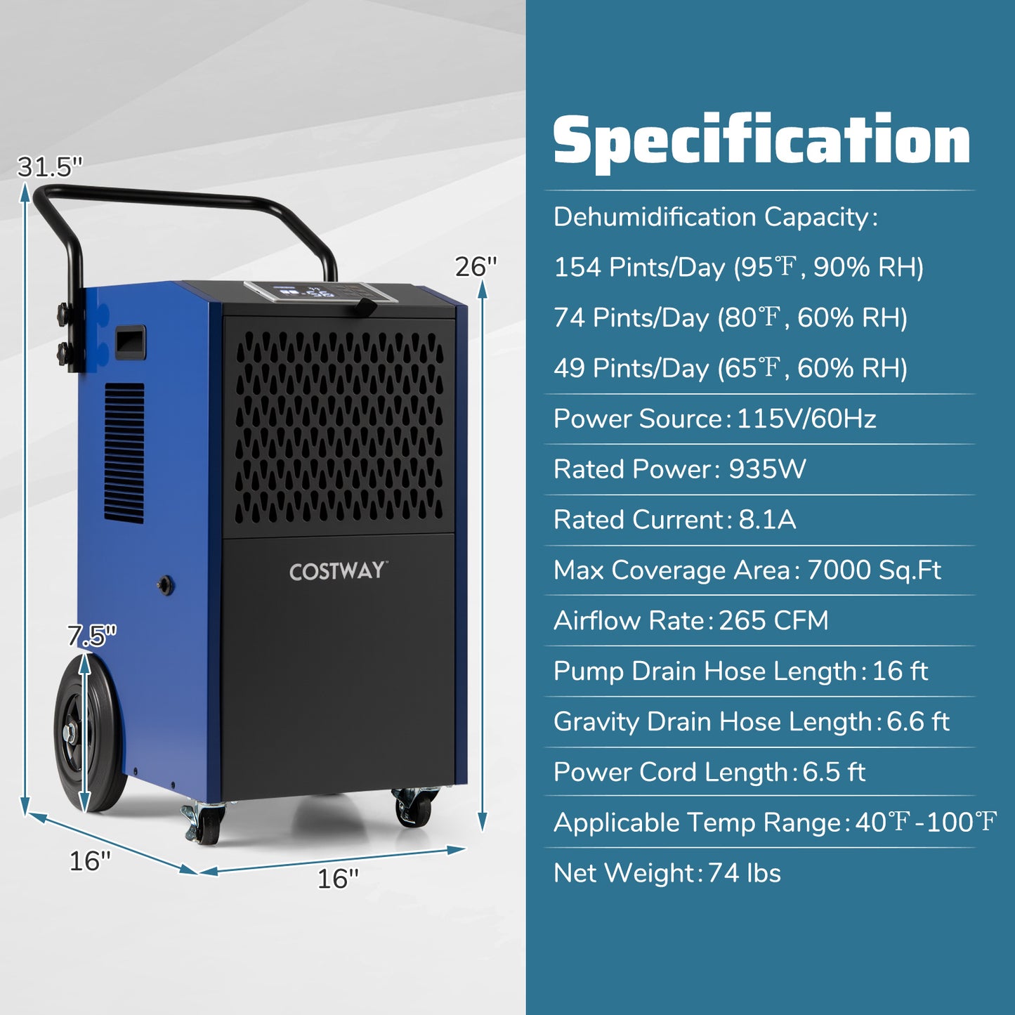 154 Pints Commercial Dehumidifier with Pump and Drain Hoses, Blue Dehumidifiers at Gallery Canada