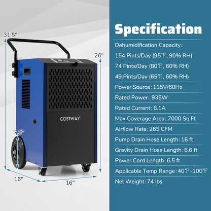154 Pints Commercial Dehumidifier with Pump and Drain Hoses, Blue Dehumidifiers at Gallery Canada