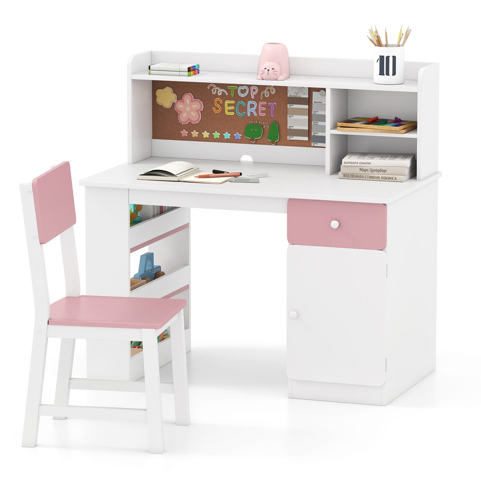 Kids Desk and Chair Set with Hutch and 3-Layer Side Shelf, Pink Kids Table & Chair Sets Pink at Gallery Canada