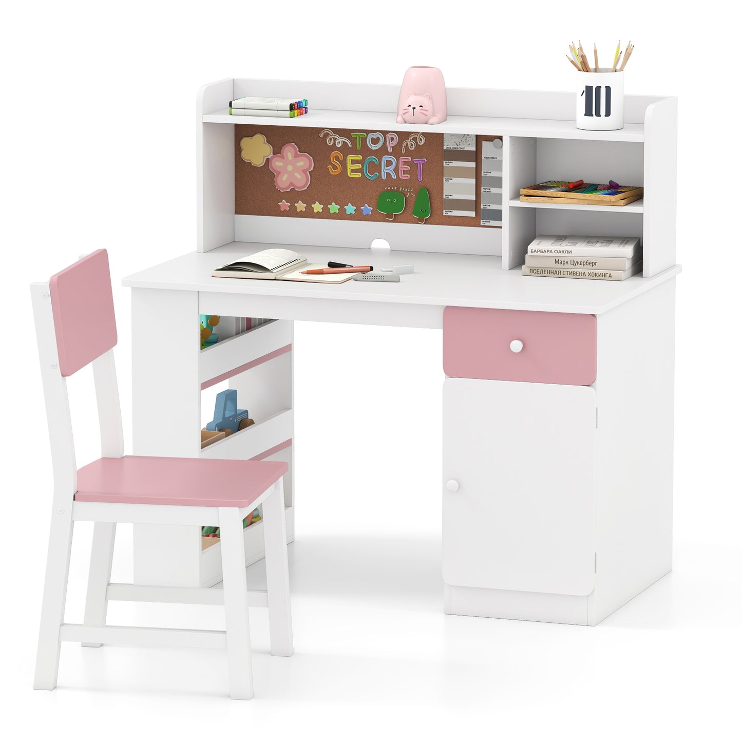 Kids Desk and Chair Set with Hutch and 3-Layer Side Shelf, Pink Kids Table & Chair Sets at Gallery Canada