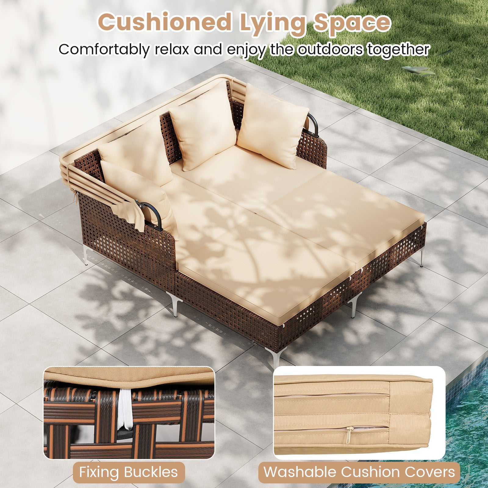 Outdoor Daybed with Retractable Canopy PE Wicker Rattan Patio Lounger, Brown Outdoor Chaise Lounges at Gallery Canada