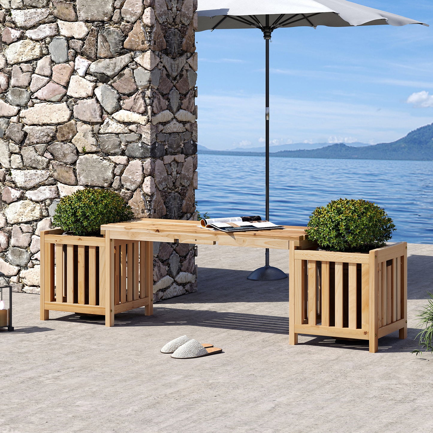 Patio Wooden Bench with Planter 2 Person Patio Bench, Natural Outdoor Benches at Gallery Canada