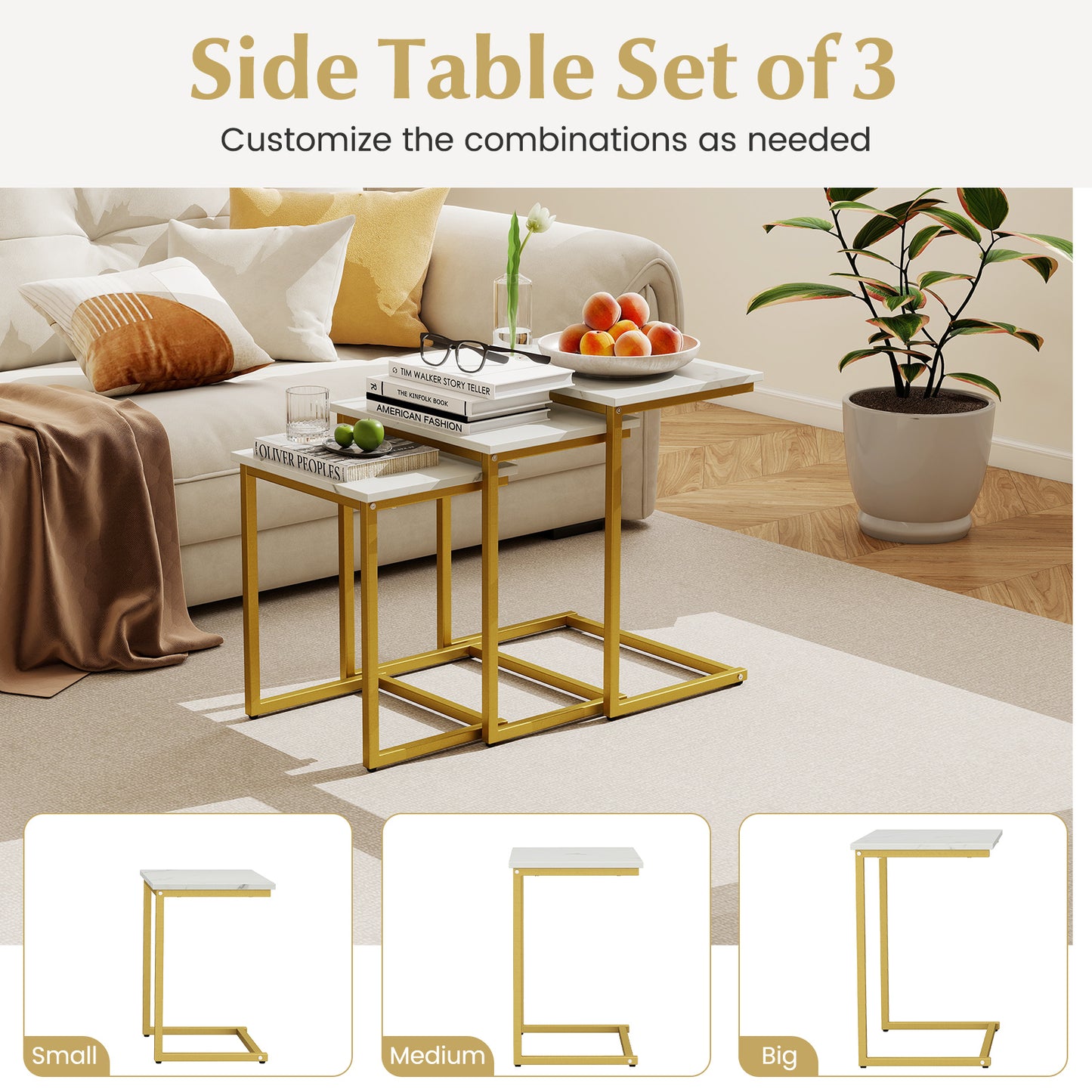 3 Pieces Multifunctional Coffee End Table Set, White Living Room at Gallery Canada