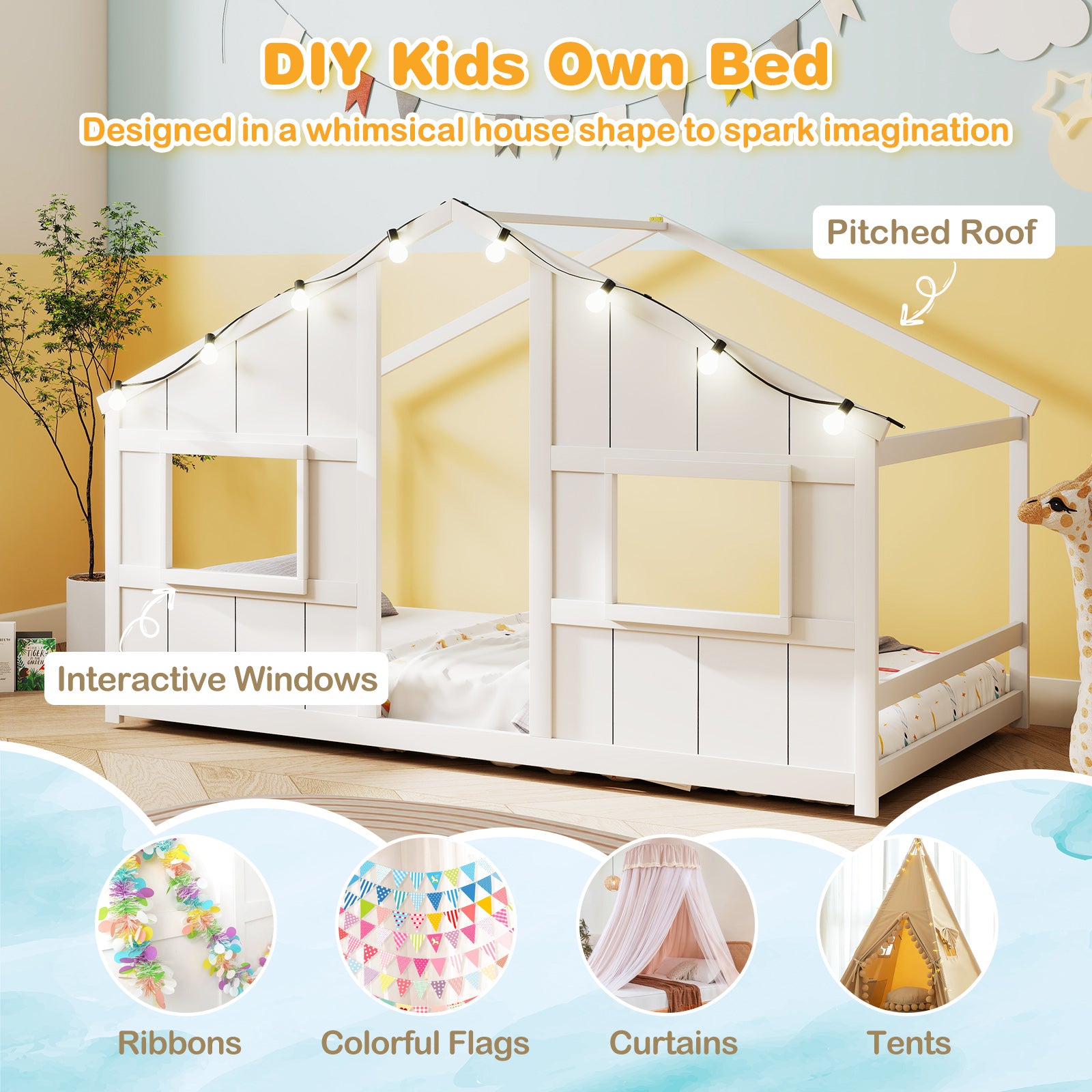 Twin Size House Bed with LED Lights Montessori Slat-free Floor Bed, White Toddler Beds at Gallery Canada