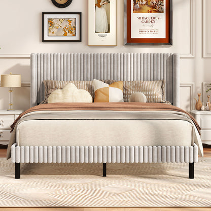 Queen Size Velvet Bed Frame with Vertical Channel Tufted Wingback Headboard, White Simple Bed Frame at Gallery Canada