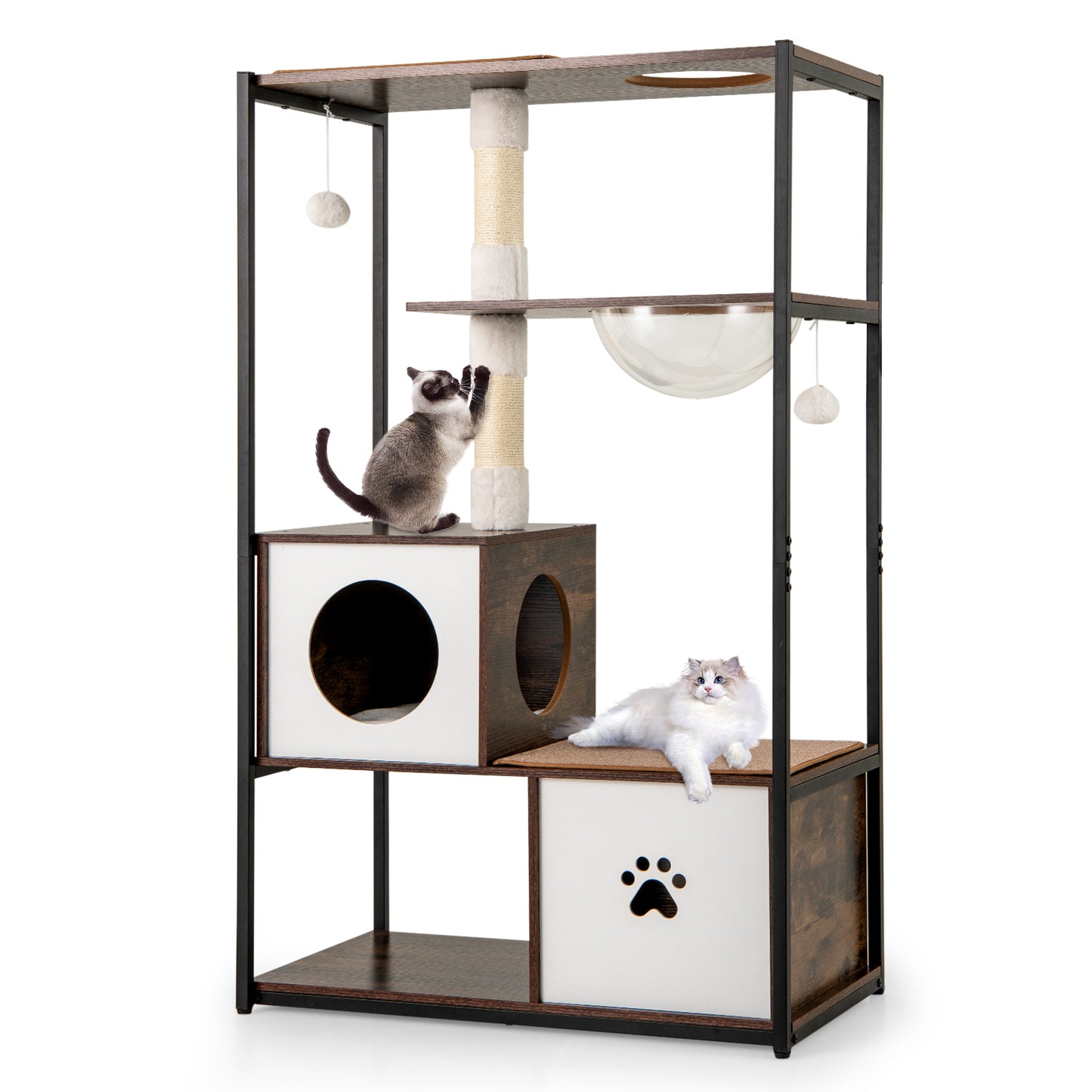 52 Inch Tall Wooden Cat Tree Metal Frame with 2 Condos and Cushions, Coffee Cat Trees Condos & Scratchers at Gallery Canada