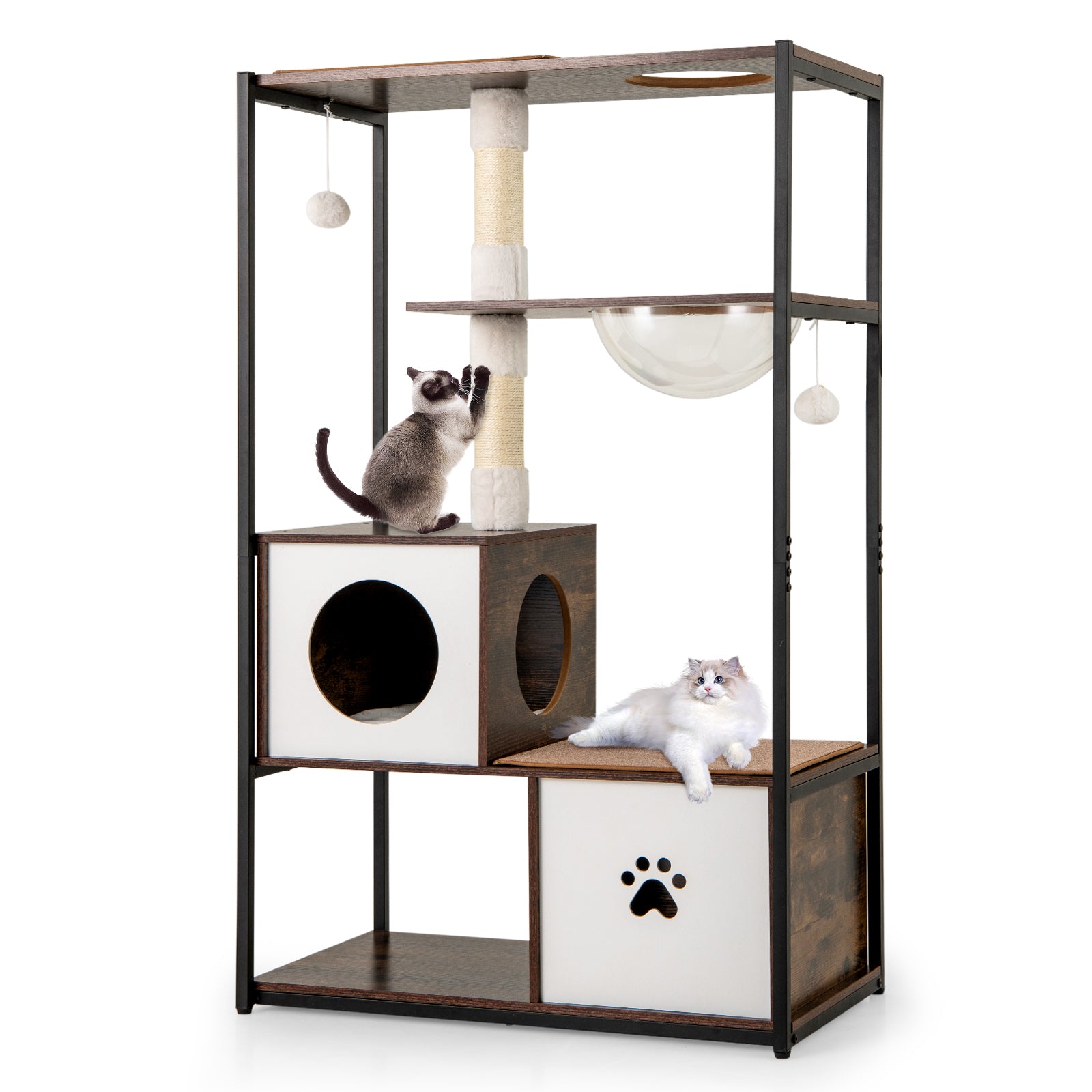 52 Inch Tall Wooden Cat Tree Metal Frame with 2 Condos and Cushions, Coffee Cat Trees Condos & Scratchers at Gallery Canada