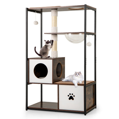 52 Inch Tall Wooden Cat Tree Metal Frame with 2 Condos and Cushions, Coffee Cat Trees Condos & Scratchers at Gallery Canada