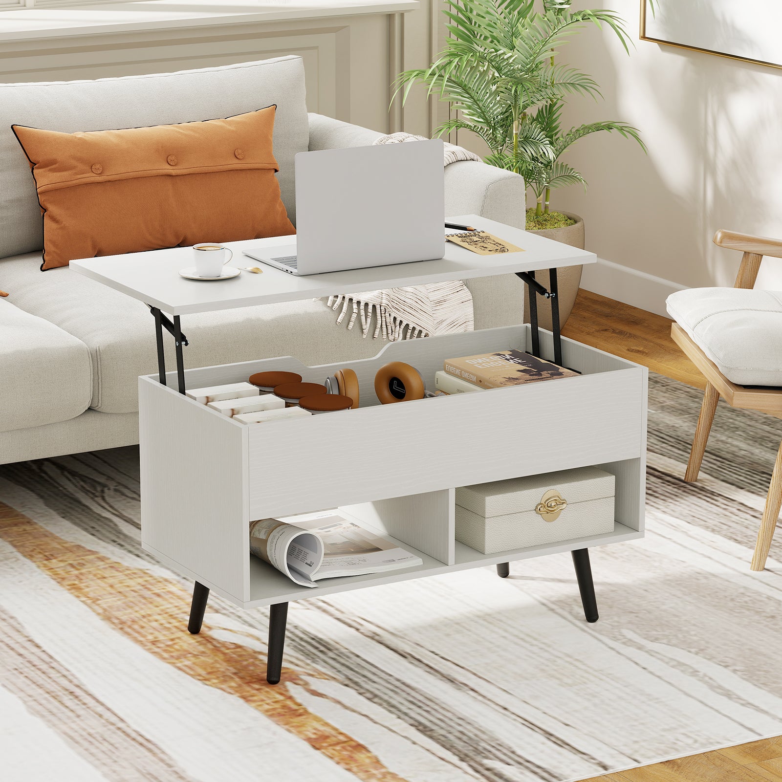 31.5 Inch Lift-Top Coffee Table, Hidden Storage, 2 Shelves, White Living Room at Gallery Canada