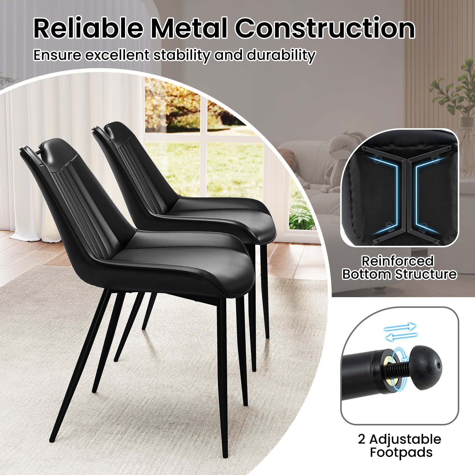 Dining Chair Set of 4 Faux Leather Upholstered Kitchen Chairs with Metal Legs, Black Kitchen & Dining at Gallery Canada