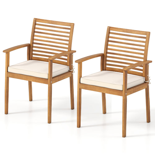 Outdoor Patio Dining Chairs Set of 2 with Removable Padded Cushion and Slatted Backrest, Beige