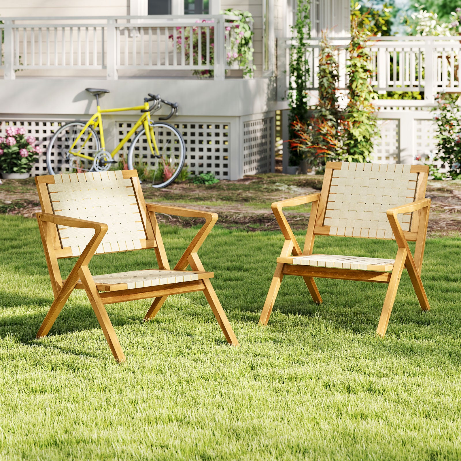 Outdoor and Indoor Teak Wood Patio Chair wuth Webbing Seat and Backrest, Natural Patio Dining Chairs at Gallery Canada