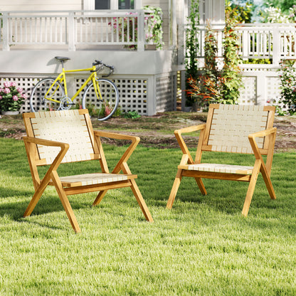 Outdoor and Indoor Teak Wood Patio Chair wuth Webbing Seat and Backrest, Natural Patio Dining Chairs at Gallery Canada