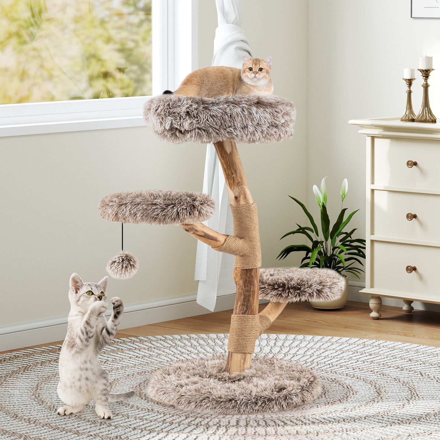 Cat Tree Solid Pear Wood with Perch and Natural Jute Scratching Posts, Brown Cat Trees Condos & Scratchers at Gallery Canada