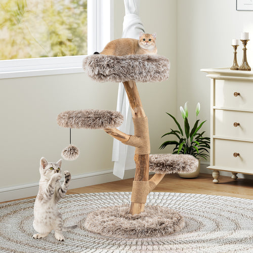 Cat Tree Solid Pear Wood with Perch and Natural Jute Scratching Posts, Brown