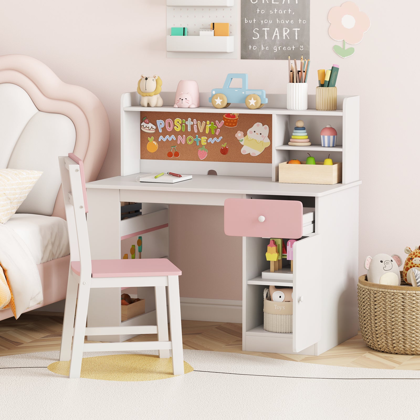 Kids Desk and Chair Set with Hutch and 3-Layer Side Shelf, Pink Kids Table & Chair Sets at Gallery Canada