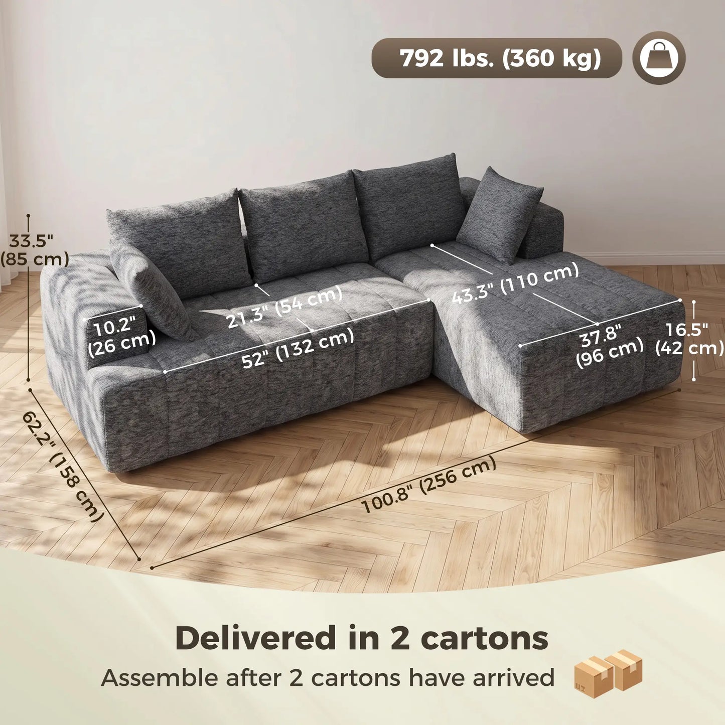 101 Modular Sectional Sofa With Chaise, Cloud Couch, Grey