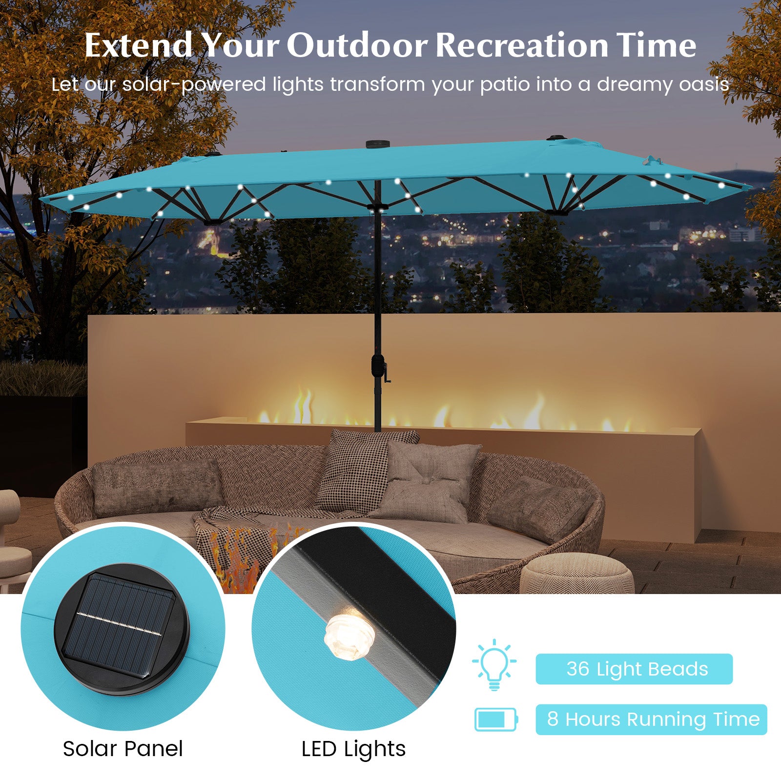 13FT Double-Sided Patio Umbrella, Solar Lights, Turquoise Outdoor Umbrellas at Gallery Canada