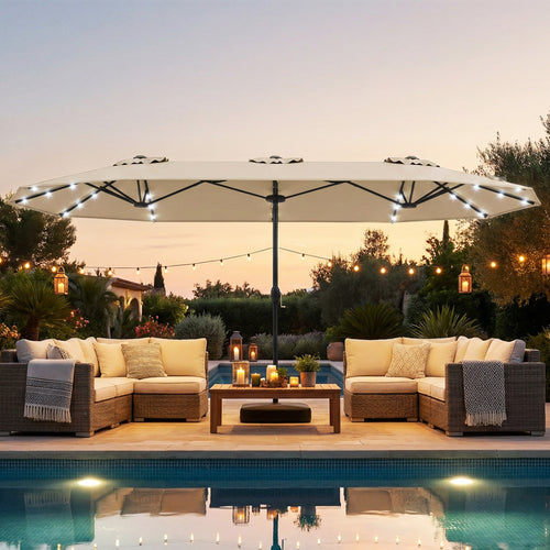 13FT Double-Sided Patio Umbrella With Solar Lights, Beige