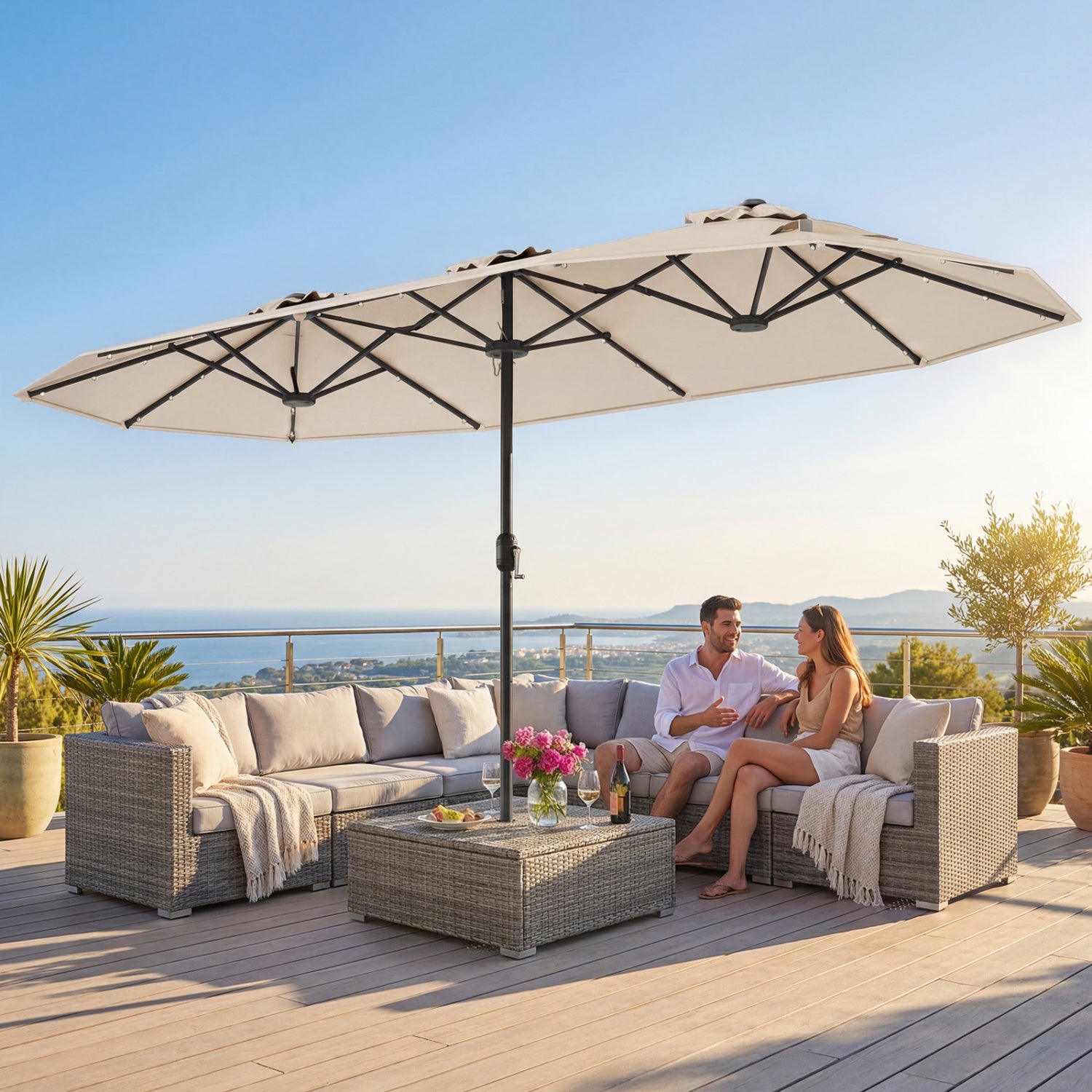 13FT Double-Sided Patio Umbrella With Solar Lights, Beige Outdoor Umbrellas at Gallery Canada