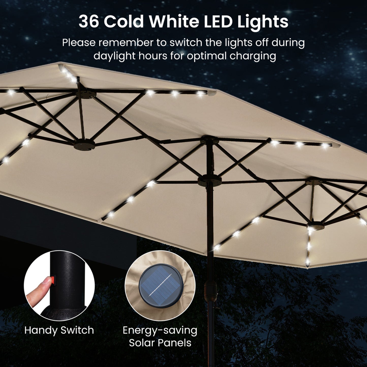 13FT Double-Sided Patio Umbrella With Solar Lights, Beige Outdoor Umbrellas at Gallery Canada