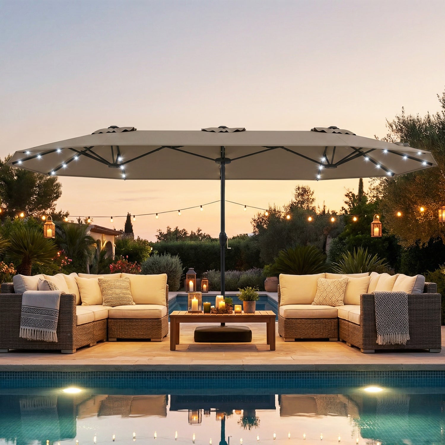 13FT Double-Sided Patio Umbrella With Solar Lights, Coffee Outdoor Umbrellas at Gallery Canada