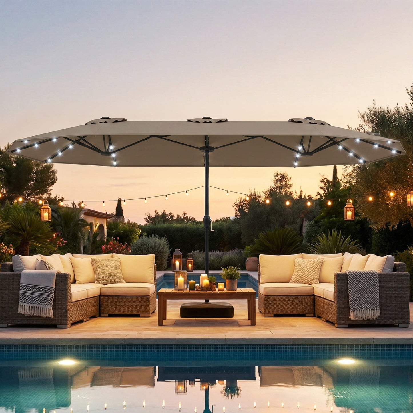 13FT Double-Sided Patio Umbrella With Solar Lights, Coffee Outdoor Umbrellas at Gallery Canada