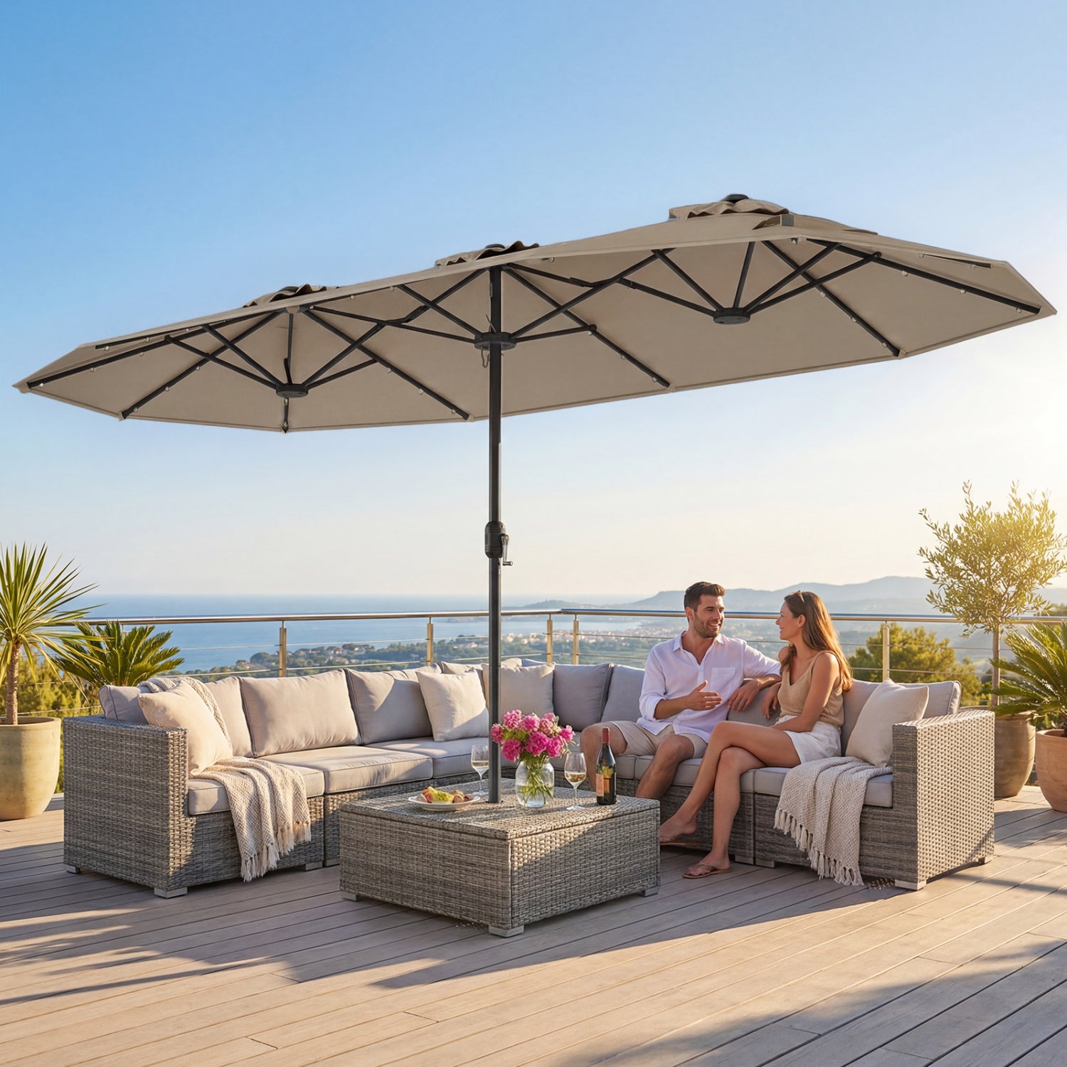 13FT Double-Sided Patio Umbrella With Solar Lights, Coffee Outdoor Umbrellas at Gallery Canada