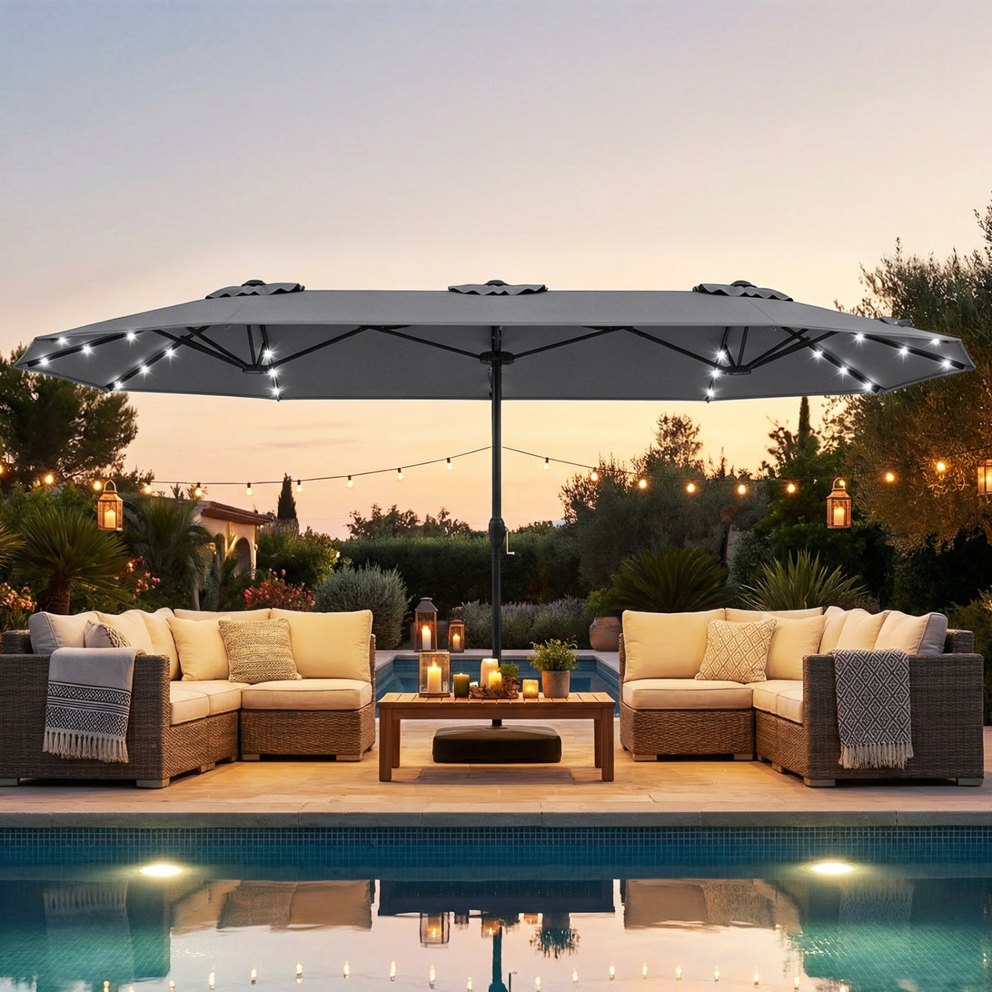 13FT Double-Sided Patio Umbrella, Solar Lights, Gray Outdoor Umbrellas at Gallery Canada