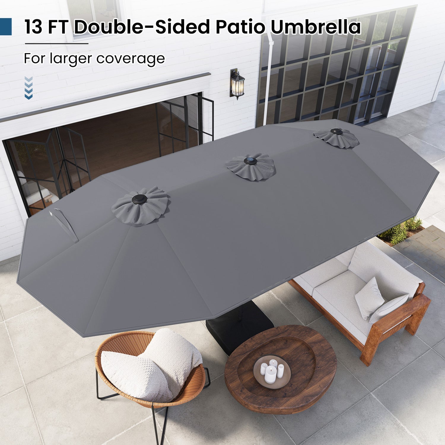 13FT Double-Sided Patio Umbrella, Solar Lights, Gray Outdoor Umbrellas at Gallery Canada
