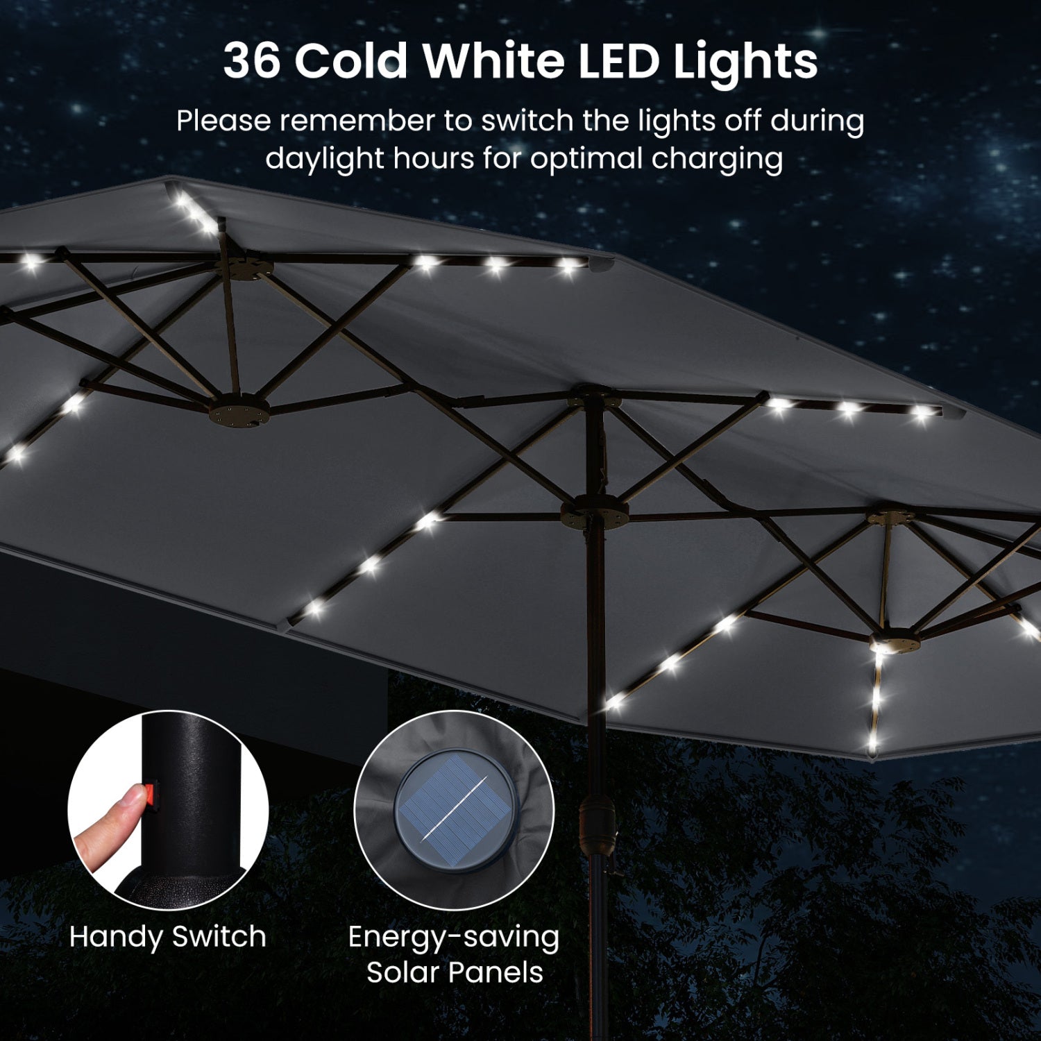 13FT Double-Sided Patio Umbrella, Solar Lights, Gray Outdoor Umbrellas at Gallery Canada