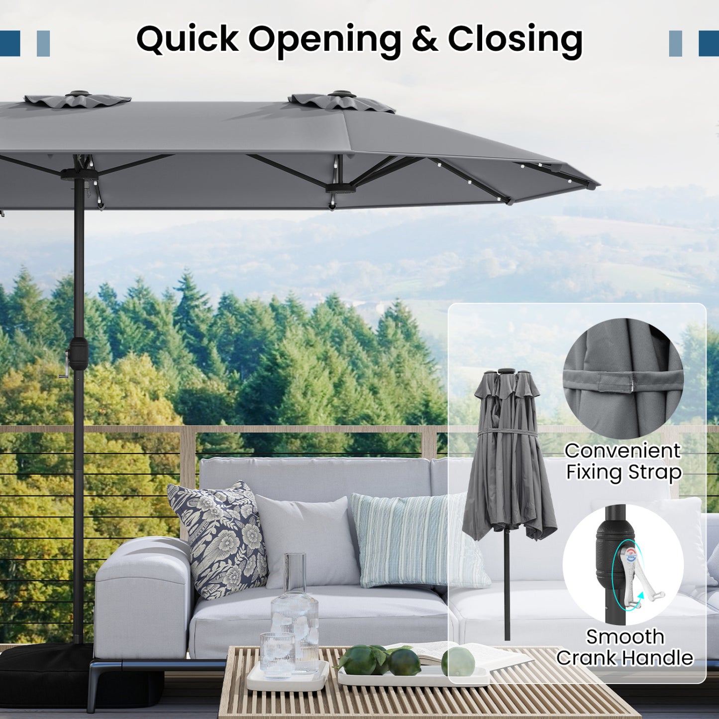 13FT Double-Sided Patio Umbrella, Solar Lights, Gray Outdoor Umbrellas at Gallery Canada