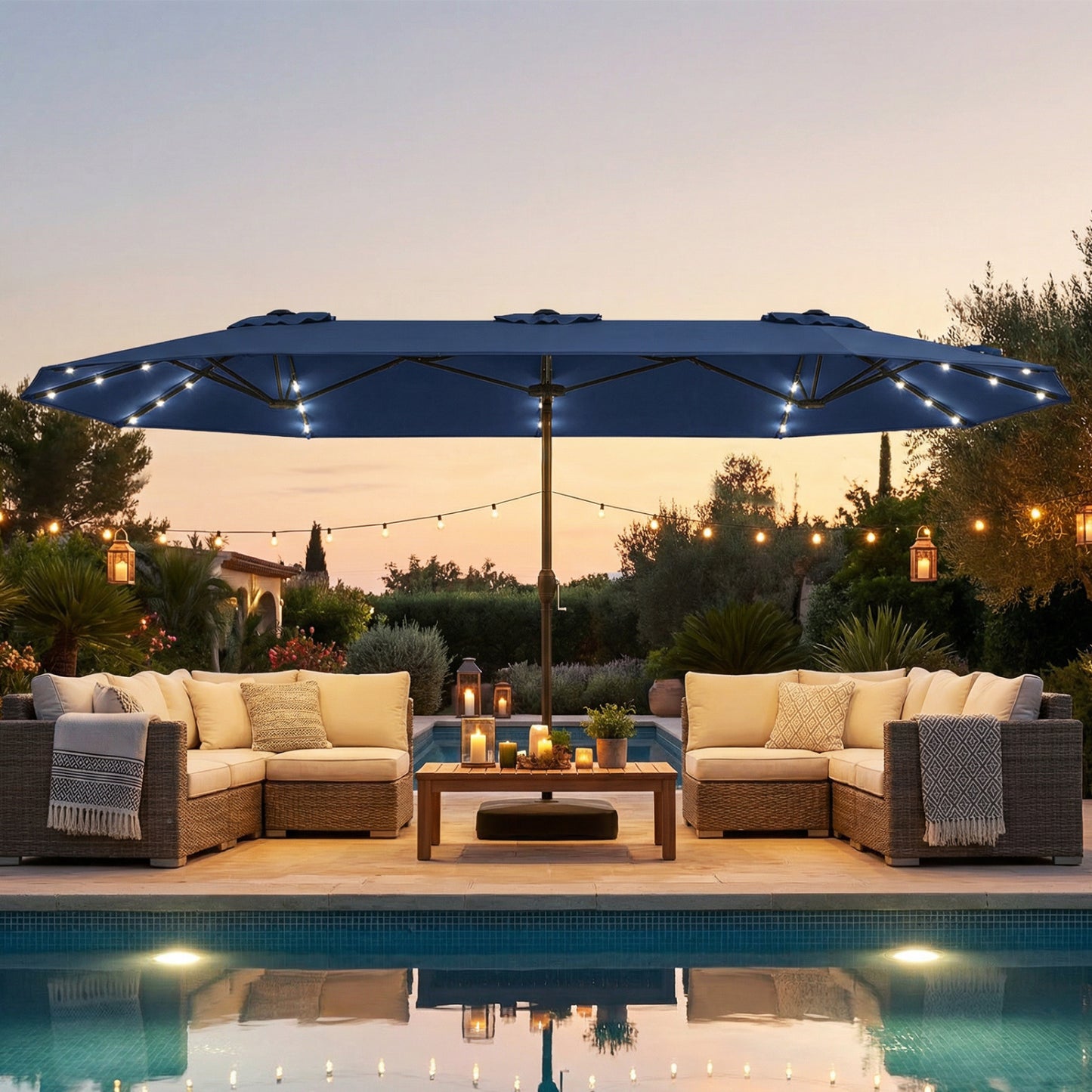 13FT Double-Sided Patio Umbrella With Solar Lights, Navy Outdoor Umbrellas at Gallery Canada