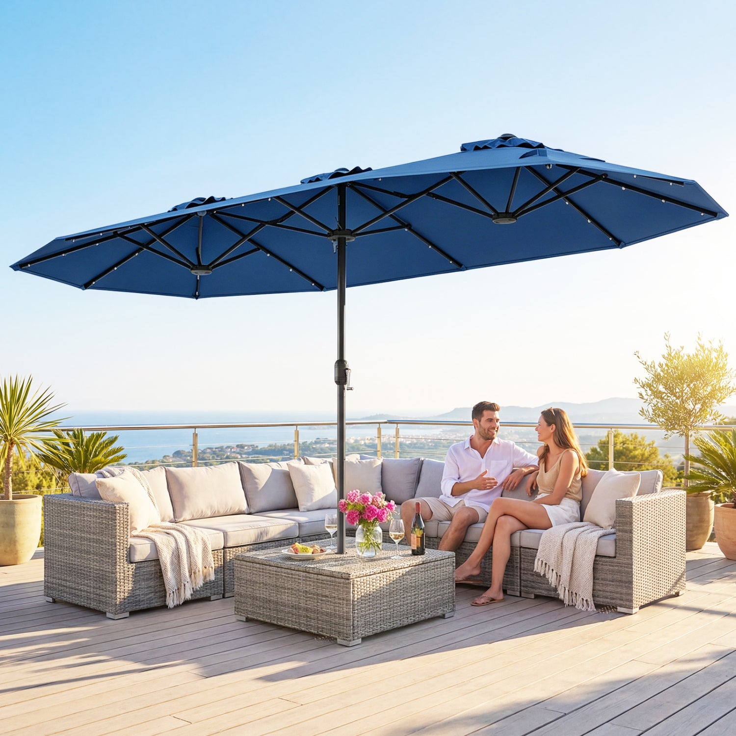 13FT Double-Sided Patio Umbrella With Solar Lights, Navy Outdoor Umbrellas at Gallery Canada