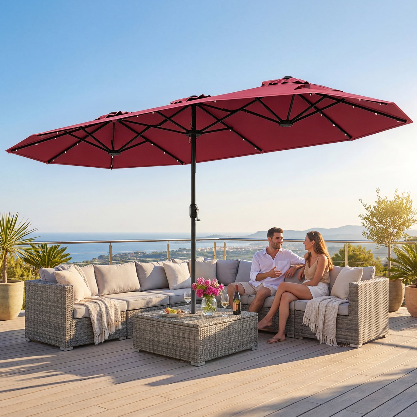 13FT Double-Sided Patio Umbrella With Solar Lights, Red Outdoor Umbrellas at Gallery Canada