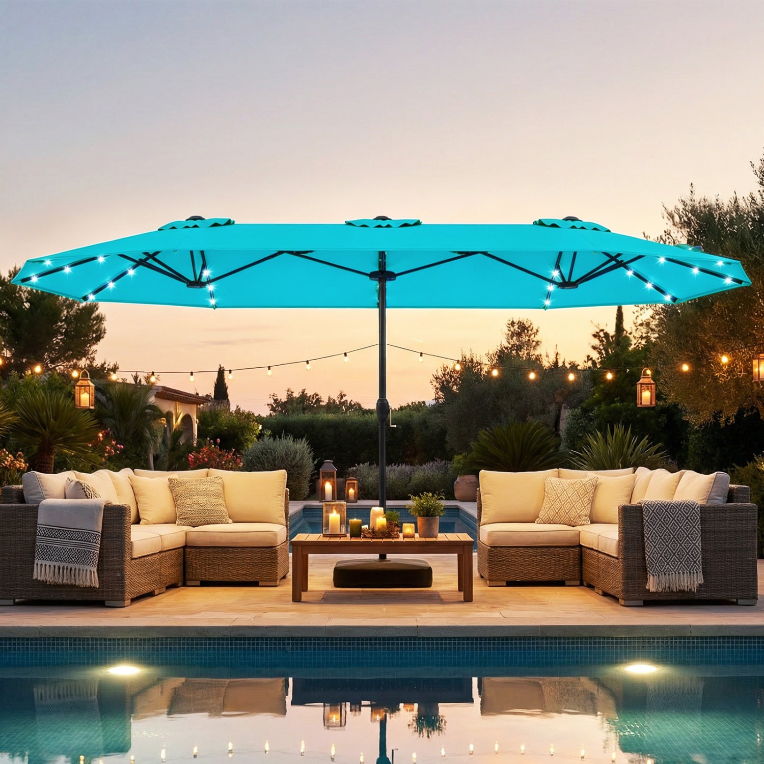 13FT Double-Sided Patio Umbrella, Solar Lights, Turquoise Outdoor Umbrellas at Gallery Canada
