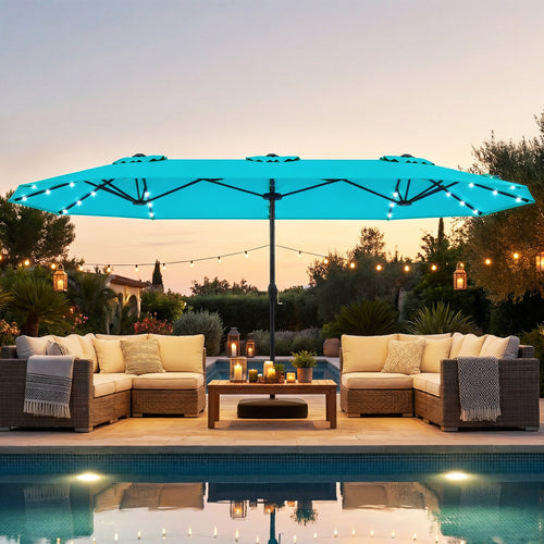 13FT Double-Sided Patio Umbrella, Solar Lights, Turquoise