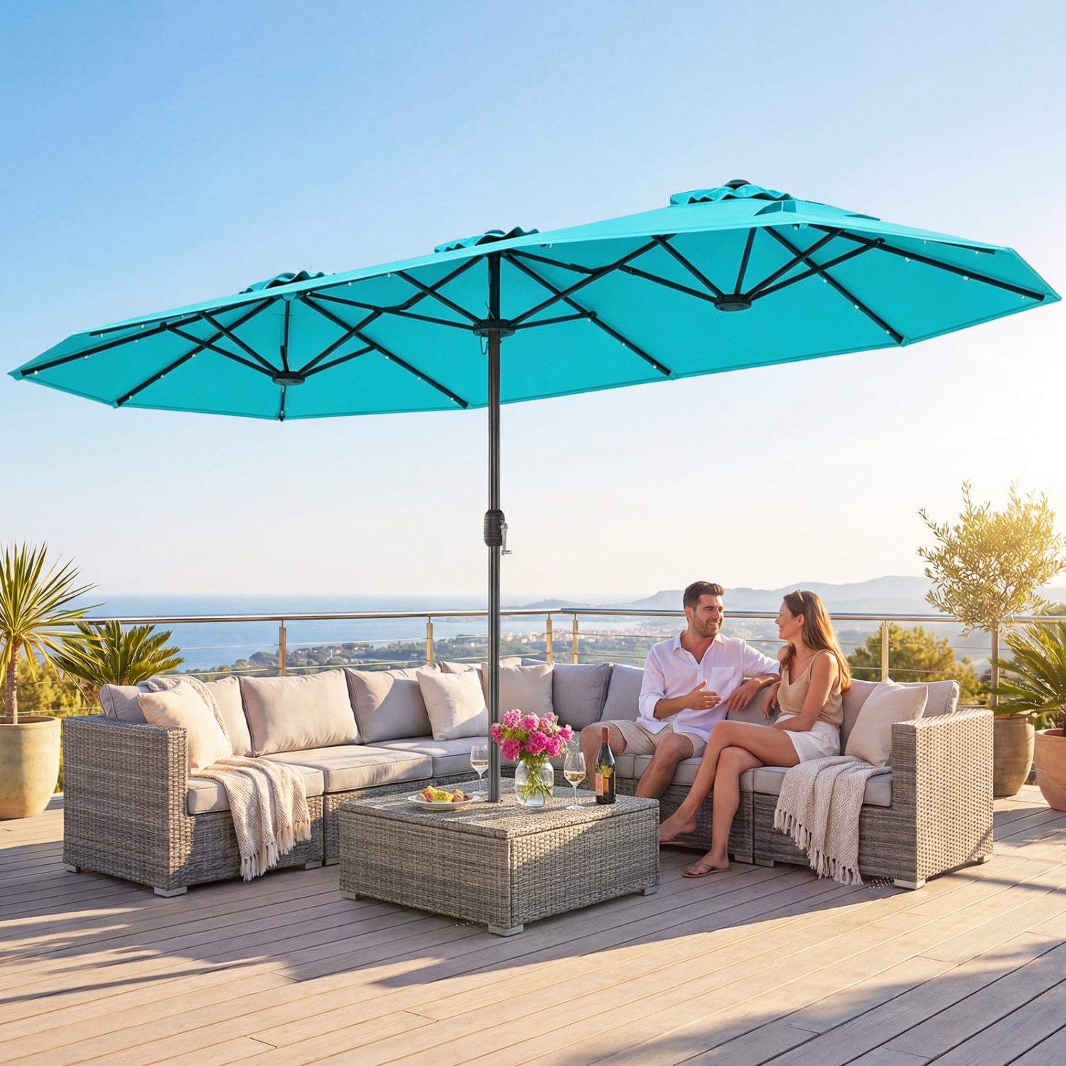 13FT Double-Sided Patio Umbrella, Solar Lights, Turquoise Outdoor Umbrellas at Gallery Canada